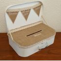 Tirelire pour enveloppes de mariage - la valise vintage en toile de jute ou autre tissu (lin, coton ...)
