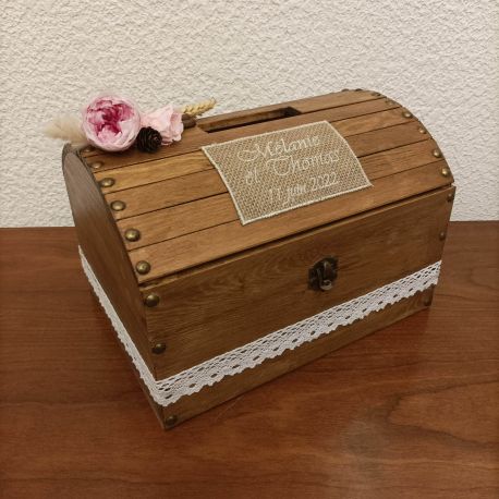 tirelire : le coffre en bois vernis personnalisé champetre - Coussin mariage